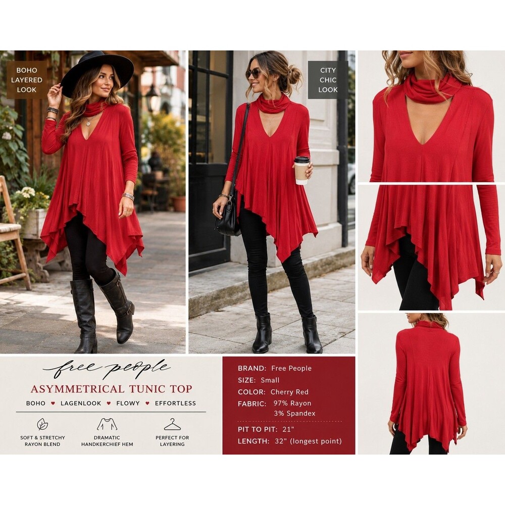 Free People Women S Red Asymmetrical Tunic Top Flowy Boho Lagenlook Soft Chic